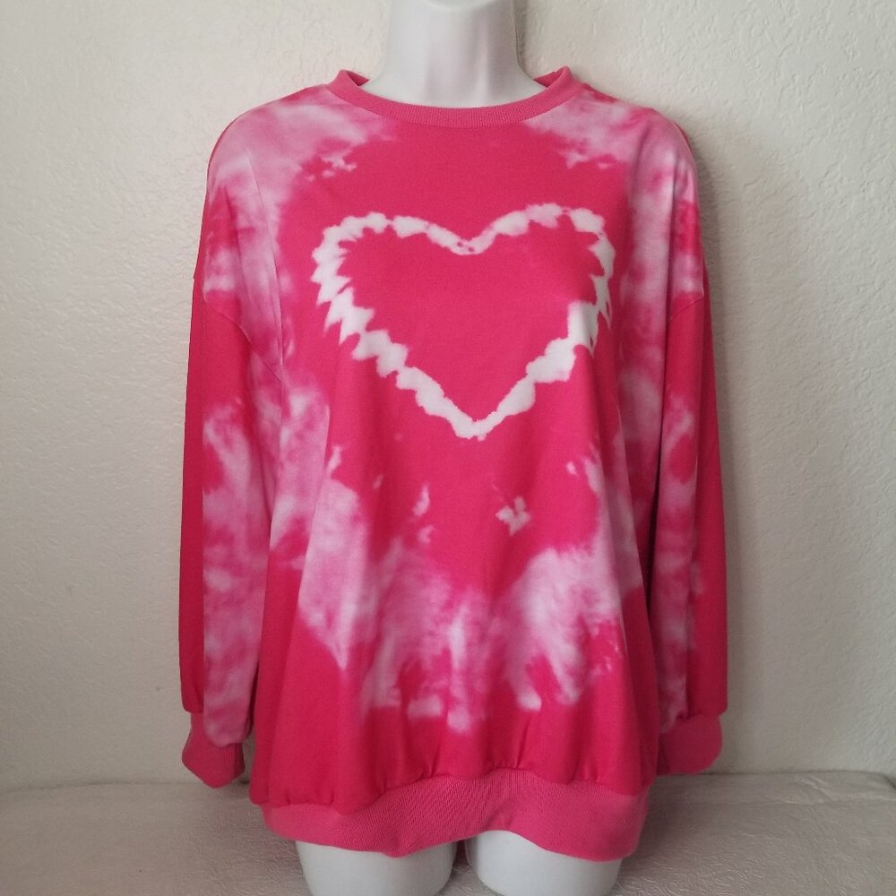 Women's M Pink White Heart Tie-Dye Crew Neck Long Sleeve Pullover Sweatshirt